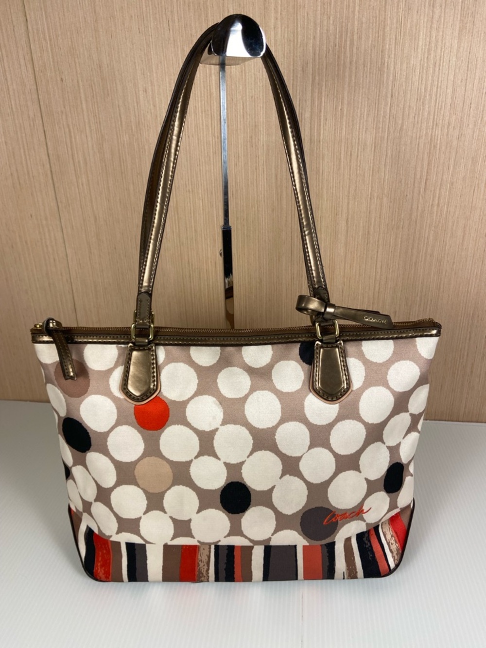 Coach Polka Dot Stripe Tote Satin Scarf Print Leather Trim Red Lining Rare